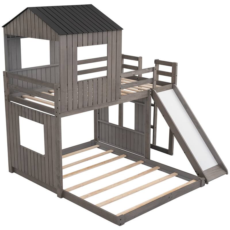 Wooden Twin over Full Bunk Bed, Treehouse Style Loft Bed with Playhouse