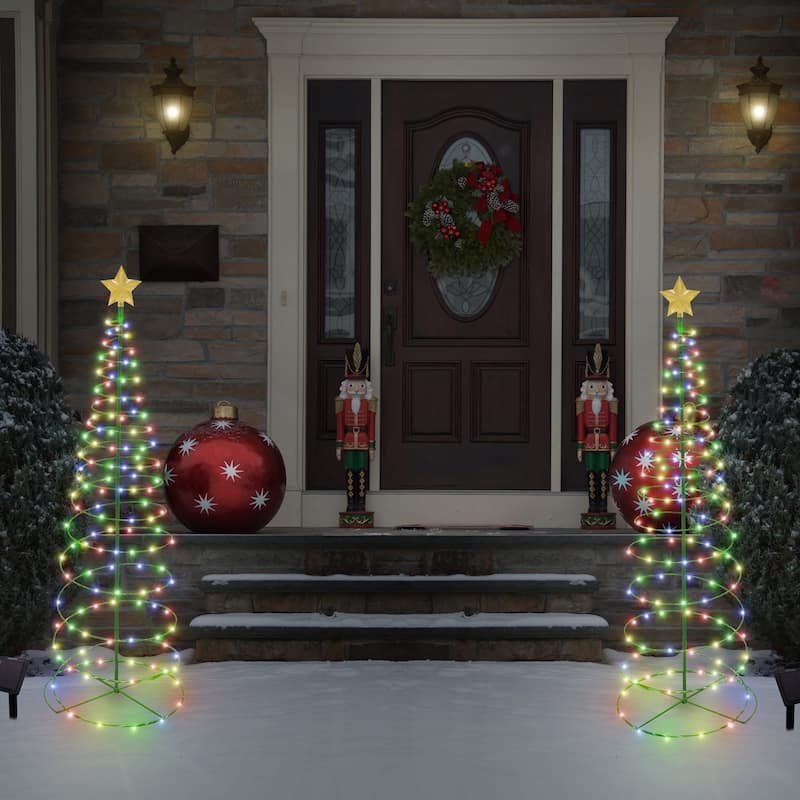 4' Ft Solar Pre-Lit LED Metal Christmas Tree Holiday Light Decoration - 1 or 2 Pack - 2 Pack - Multi-Colored