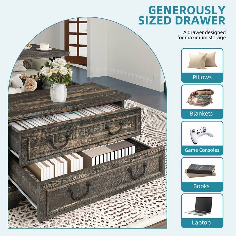 Moasis Lift Top Coffee Table Farmhouse Wood Central Table for Living Room with 2 Drawers and Hidden Storage Compartment