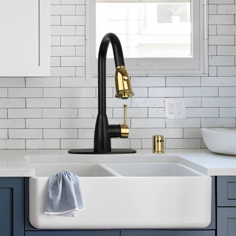 One-Handle Matte Black and Rose Gold Pull Down Kitchen Faucet with Deck Plate - 5 Years Warranty - 16x8.2