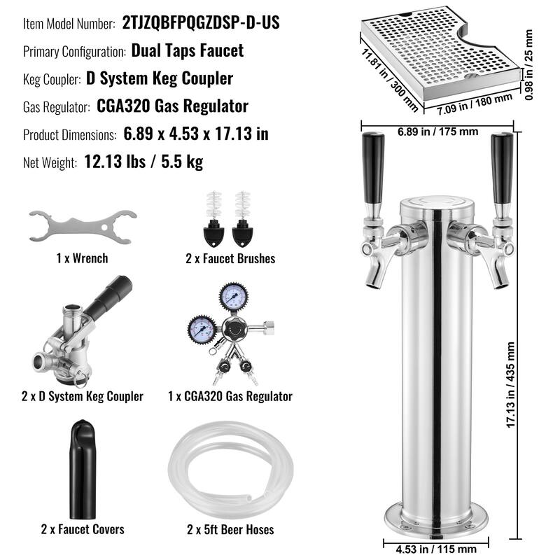 Kegerator Tower Kit, Beer Conversion Kit, Stainless Steel Keg Beer Tower Dispenser with Dual Gauge CGA320 Regulator
