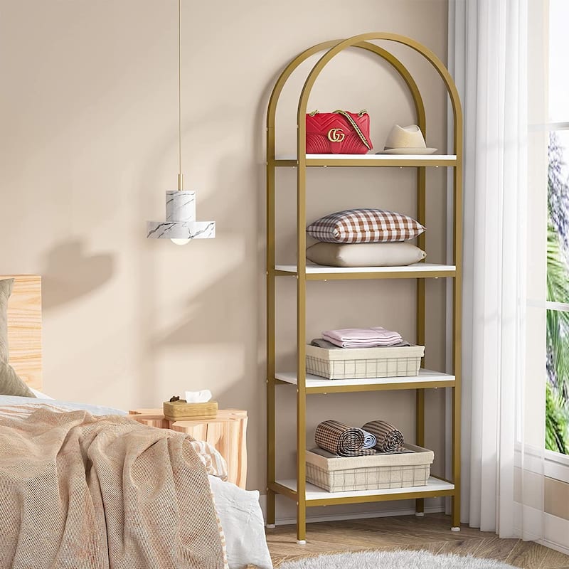 4-Tier Open Bookshelf, 70.8" Industrial Wood Bookcase Storage - 1PC - White/Gold