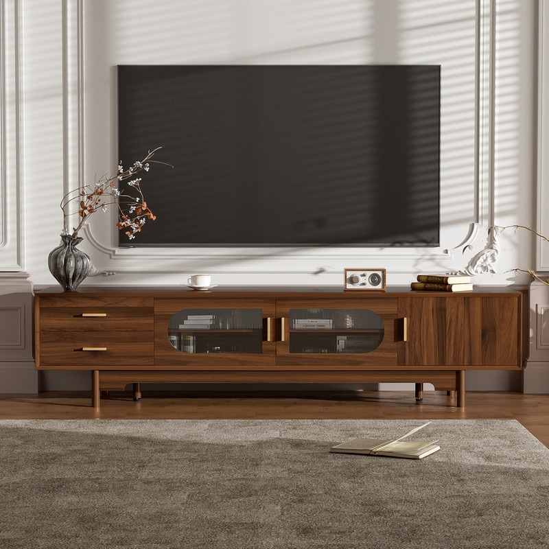 Modern 78" TV Stand TV Console for TVs Up to 85", Entertainment Center with Glass Doors Cabinet and Drawers