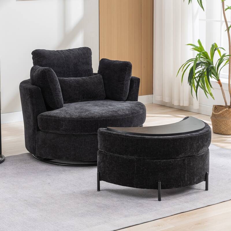 42.3"W Upholstered Swivel Accent Chair with 4 Pillows and Half-Moon Storage Ottoman