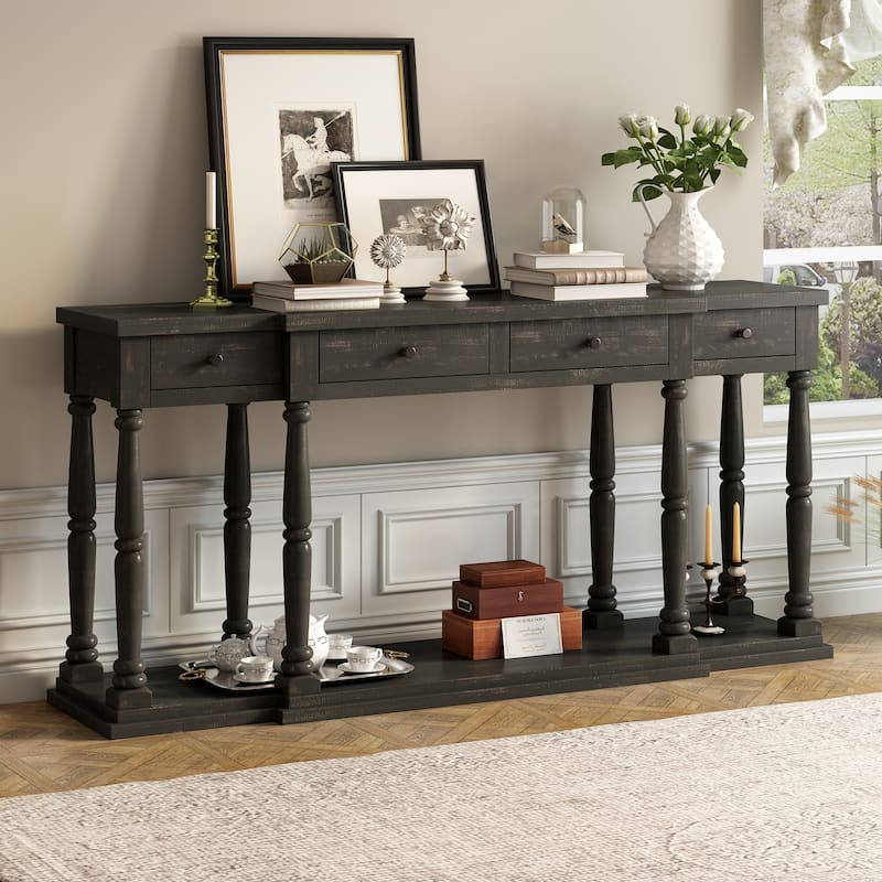 Retro Senior Console Table for Hallway Living Room Bedroom with 4 Front Facing Storage Drawers and 1 Shelf