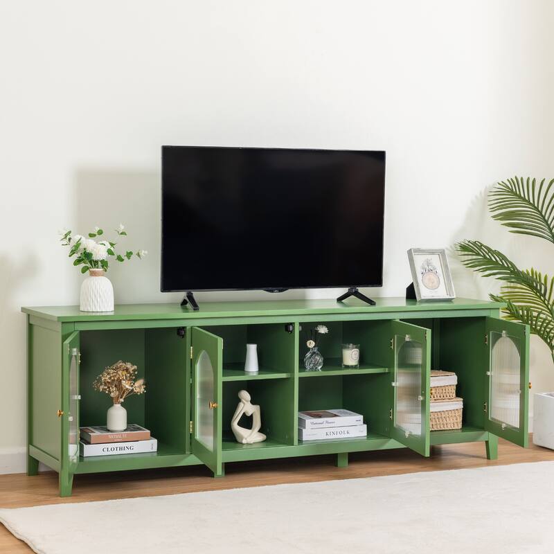Stylish TV Stand with 4 Glass Doors, TV Console Table Entertainment Center w/ Storage Shelves, Modern TV Cabinet for Living Room