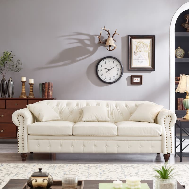 Chesterfield Sofa Classic Tufted Technical Leather Lounge Couch with Hidden Storage, Nailhead Trim and Pillows, for Living Room - Ivory White