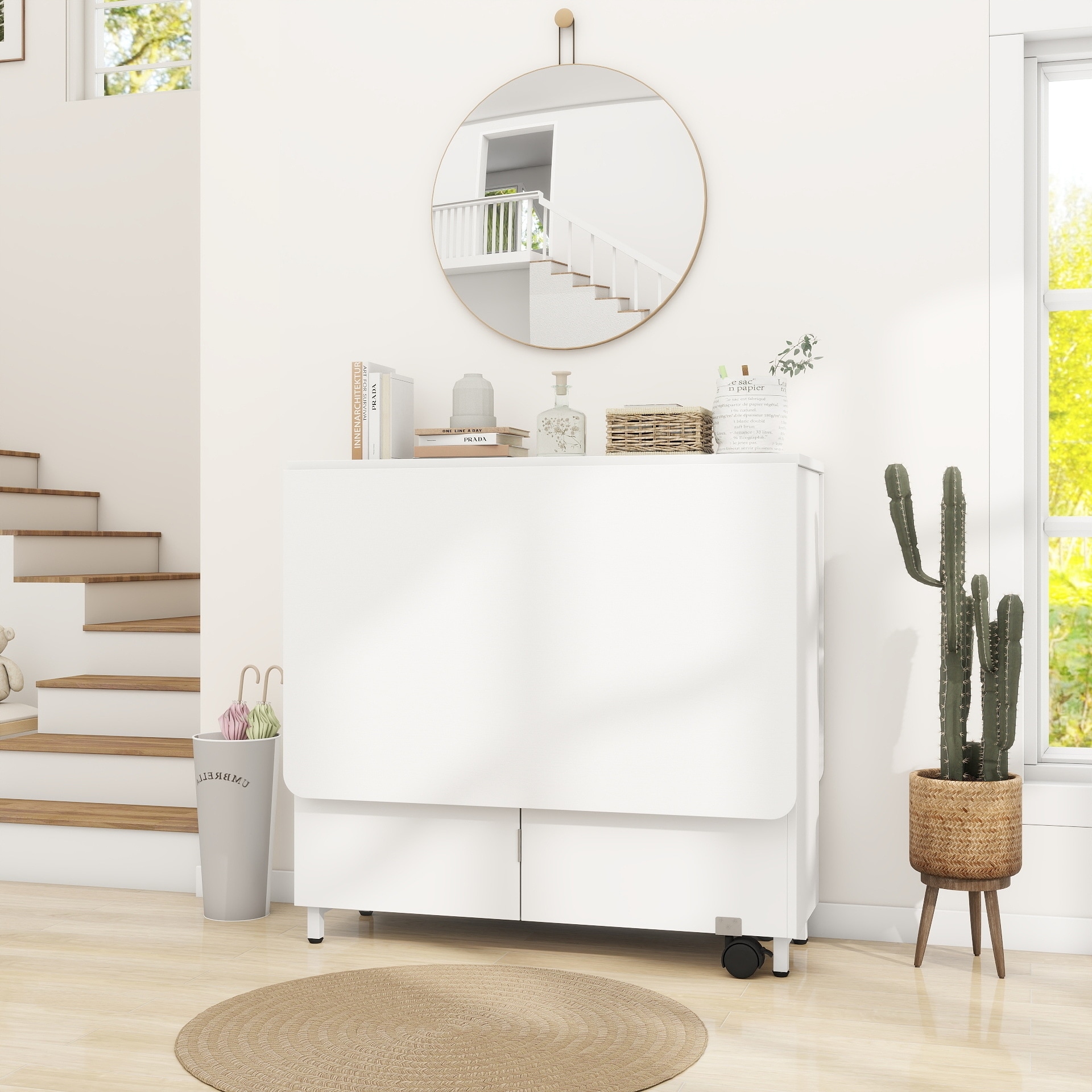 Modern Farmhouse Foldable Dining Table with Storage Cabinet