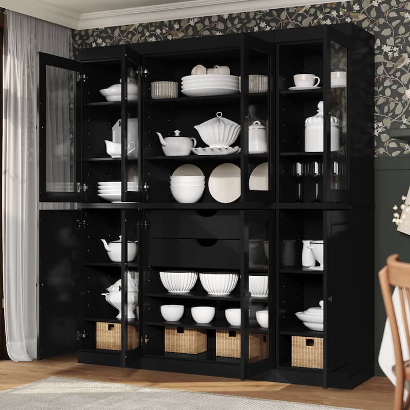 Palace Imports 100% Solid Wood Kitchen China Cabinet Pantry with Glass or Solid Wood Doors and 2-Drawer Kit - 65" x 71.5" - Black - 6 Clear Glass-2 Solid