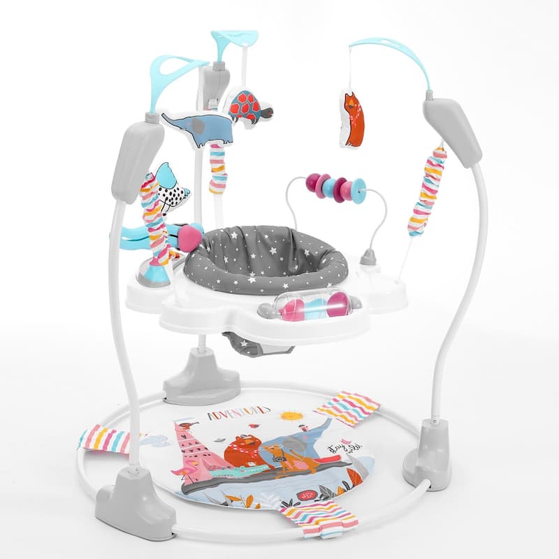 Multi-Color Bouncer Jumper with Crinkle Pad, Music Box and Adjustable Height - 34.3” L x 34.3” W x 36.6” H