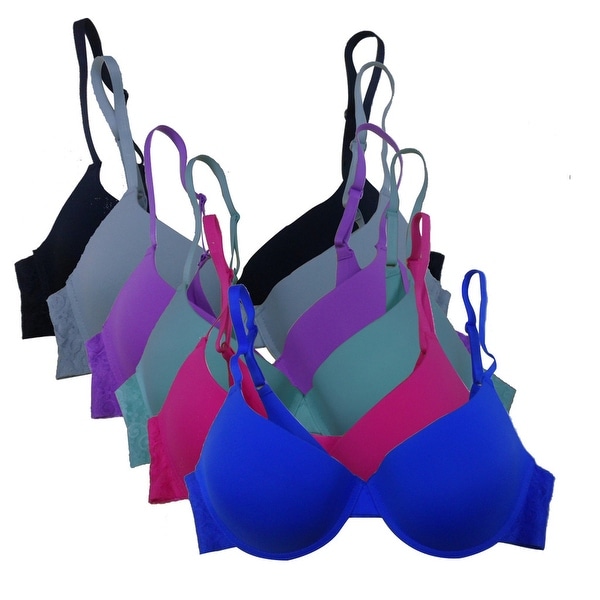 Women's 6 Pack Laser Cut Solid Color Lace Band Push Up Bras