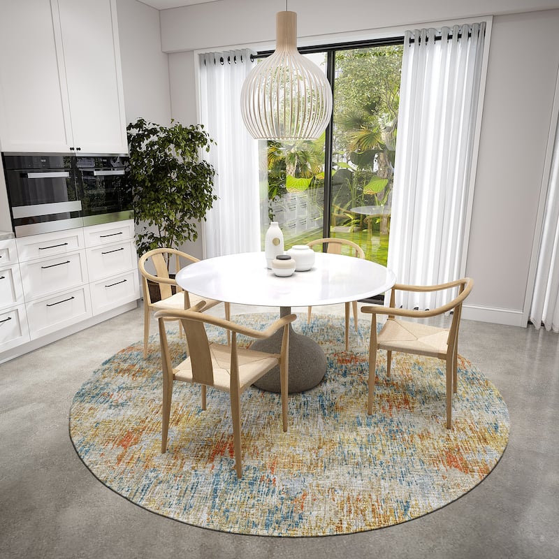 Indoor/ Outdoor Accord Modern Brushstrokes Polyester Washable Rug New - 8' x 8' Round - Gold