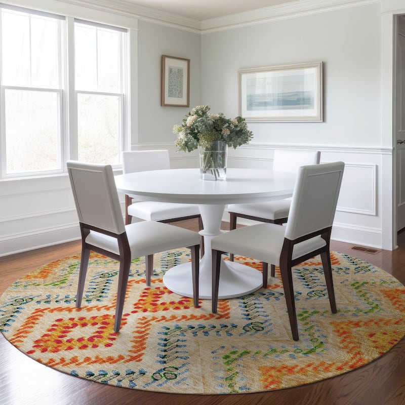 Machine Washable Indoor/ Outdoor Chantille Boho Global Rug - Beige - 8' x 8'