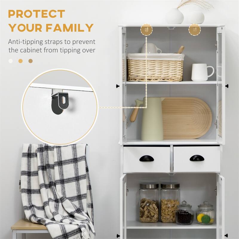 Freestanding Kitchen Pantry with Doors, Adjustable Shelves, 2 Drawers