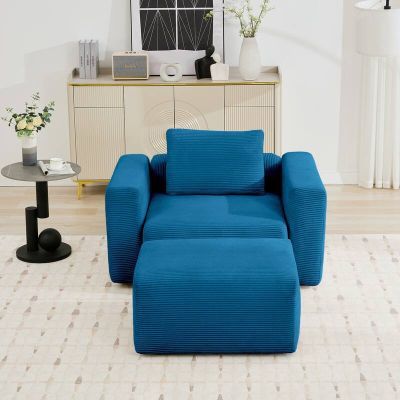 Corduroy Single Sofa Chair with a Large Ottoman, Square Arms & Ottoman Extension