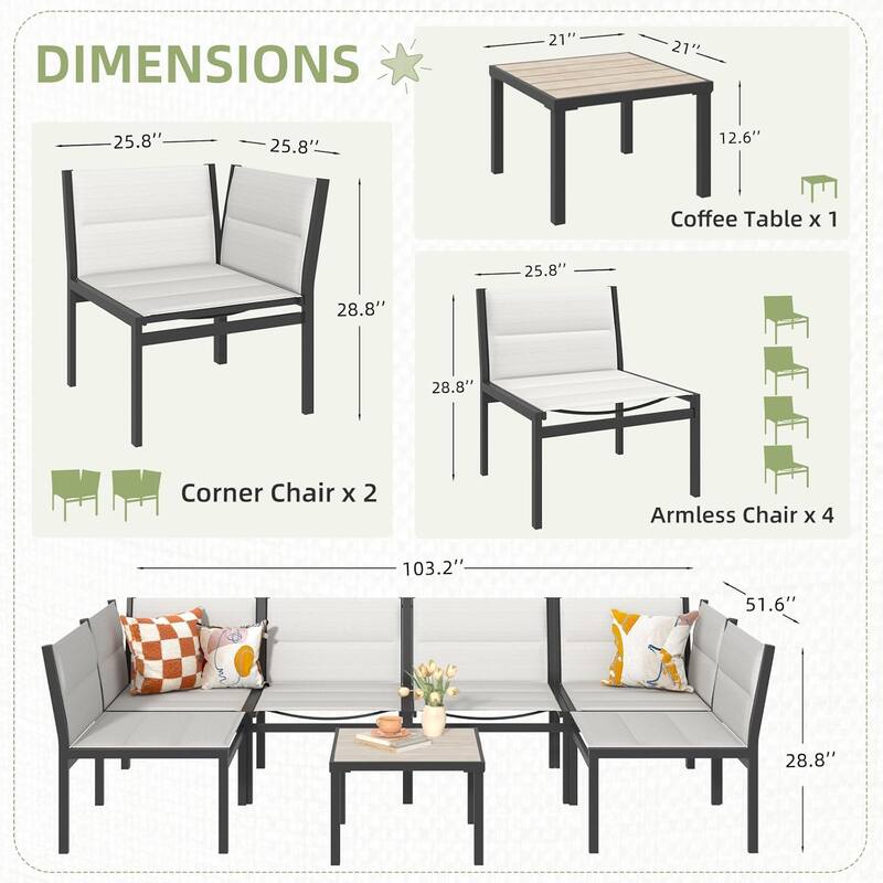 AECOJOY 7 Pieces Cotton-Filled Textilene Fabric Outdoor Conversation Sets with Coffee Table, Patio Sectional Furniture Set