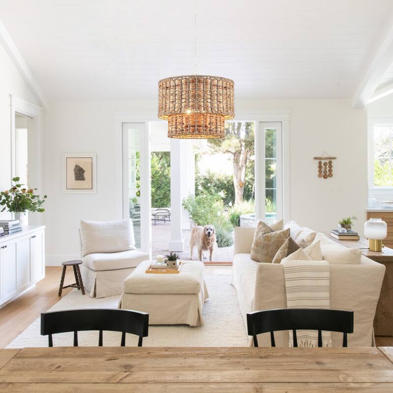 18.9 in. 5-Light Hemp Rope Weaving Drum Chandelier, Bohemian Style Chandelier, Handwoven Semi Flush Mount Chandelier