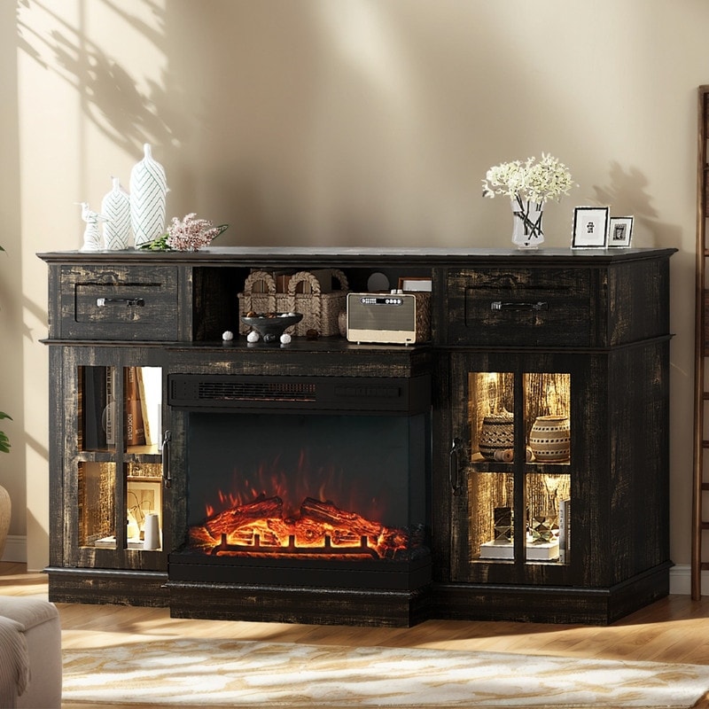 Farmhouse 58'' TV Stand For Tvs Up To 70'' With Electric Fireplace and Adjustable Shelves with Glass Door