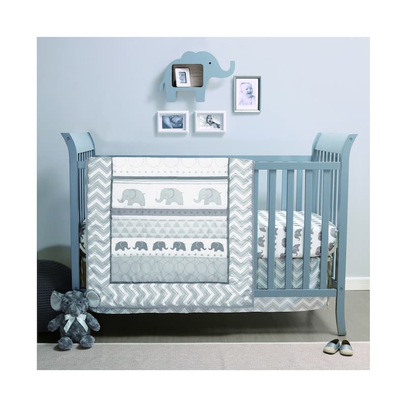 The Peanutshell Elephant Walk Grey/White 3 Piece Baby Crib Bedding Set