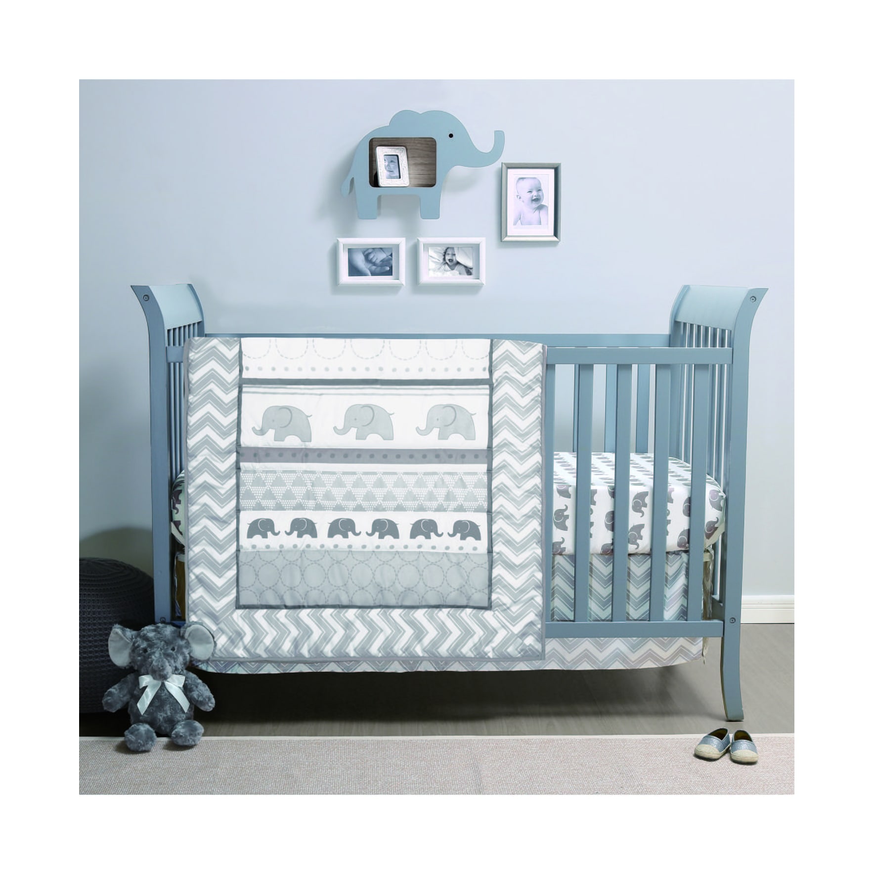 The Peanutshell Elephant Walk Grey/White 3 Piece Baby Crib Bedding Set