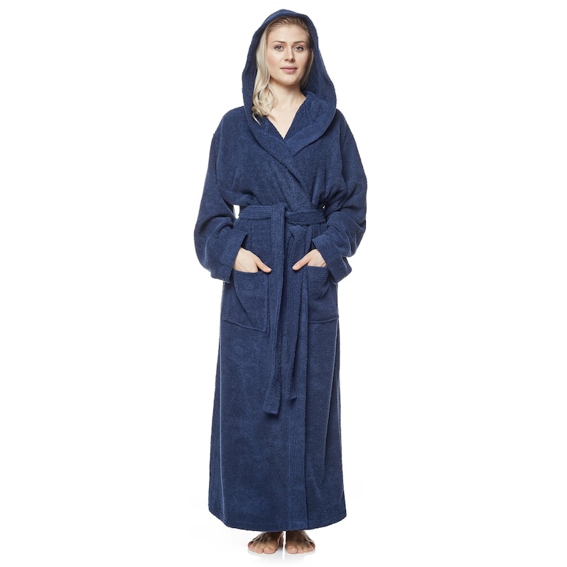 Women's 6 Tracks Stitching Full Length Hooded Turkish Cotton Bathrobe - Medium - Navy Blue