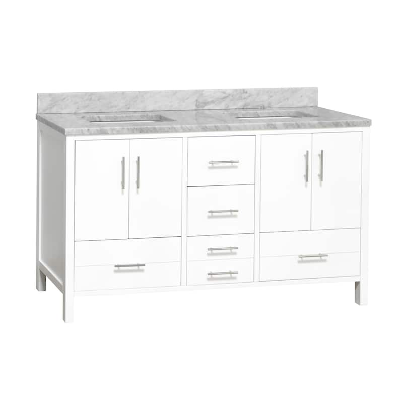 KitchenBathCollection California 60" Double Bathroom Vanity with Carrara Marble Top - White