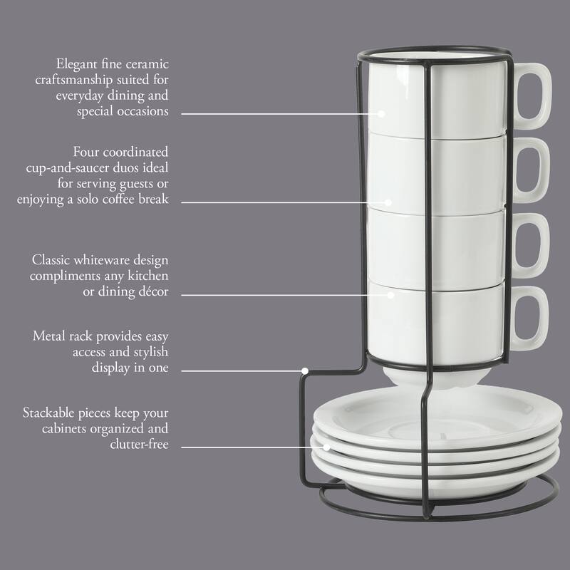 Gibson Home Gracious Dining Cups and Saucers Set of 4, Stackable Coffee Set with Metal Stand for Espresso and Cuppuccino
