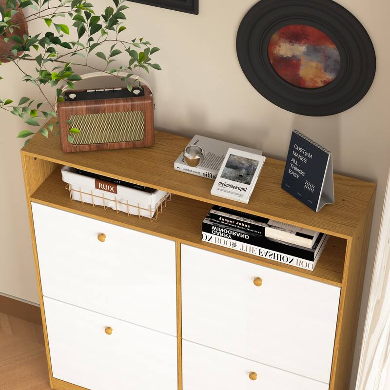 Sleek Shoe Cabinet with 4 Flip Drawers, Wooden Handle, and Anti-Tip Fitting for Narrow Spaces