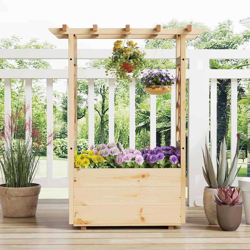 Gymax 2PCS Wooden Raised Garden Bed/ Lattice Trellises Hanging Roof