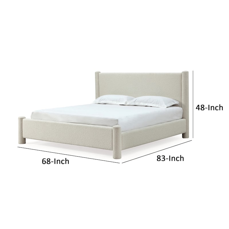 Kizo Queen Size Platform Bed, Cream Boucle Fabric, Panel Headboard, Slats