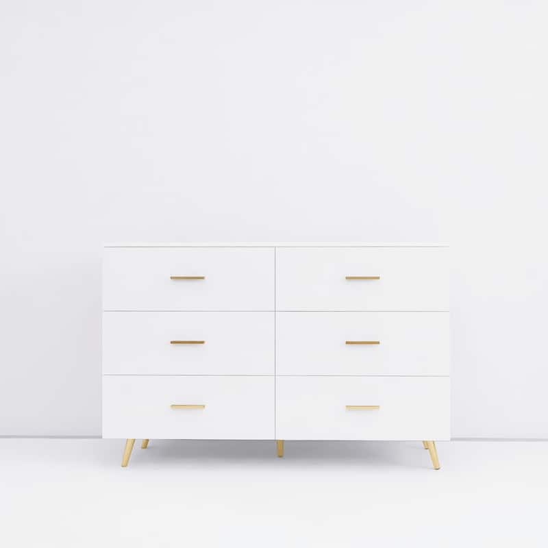 6-Drawer Double Dresser, Chest of Drawer with Golden Handle and Golden Steel Legs