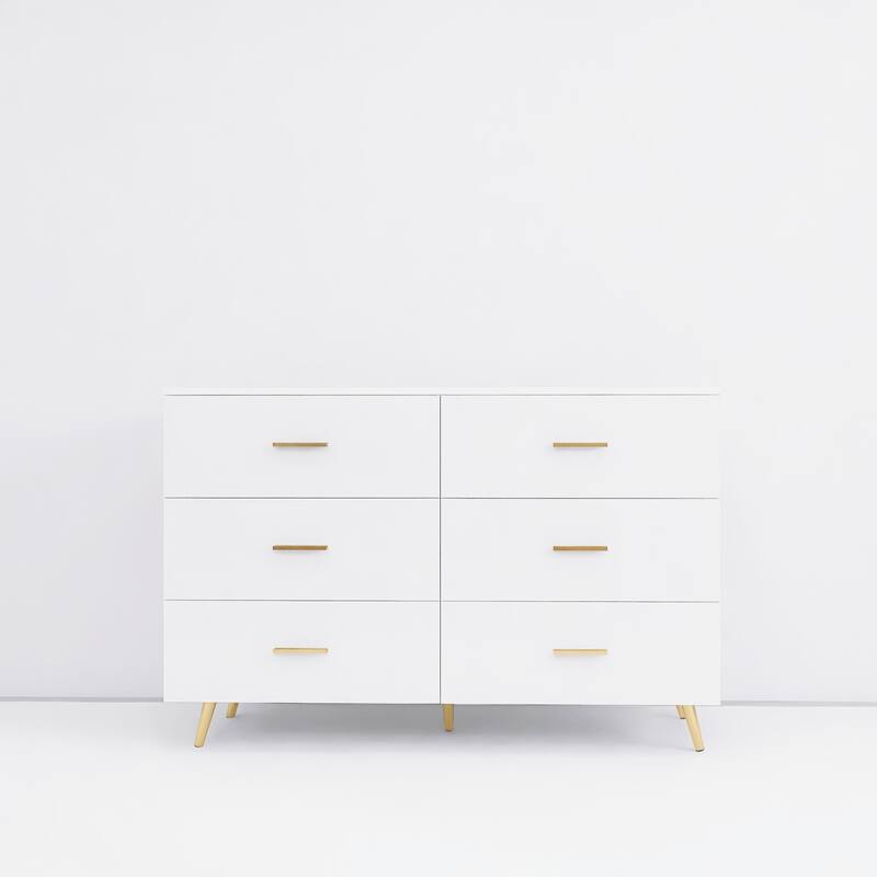 High Glossy Double Dresser with 6 Storage Drawers for Bedroom, Chest of Drawer Vanity with Golden Handle Legs