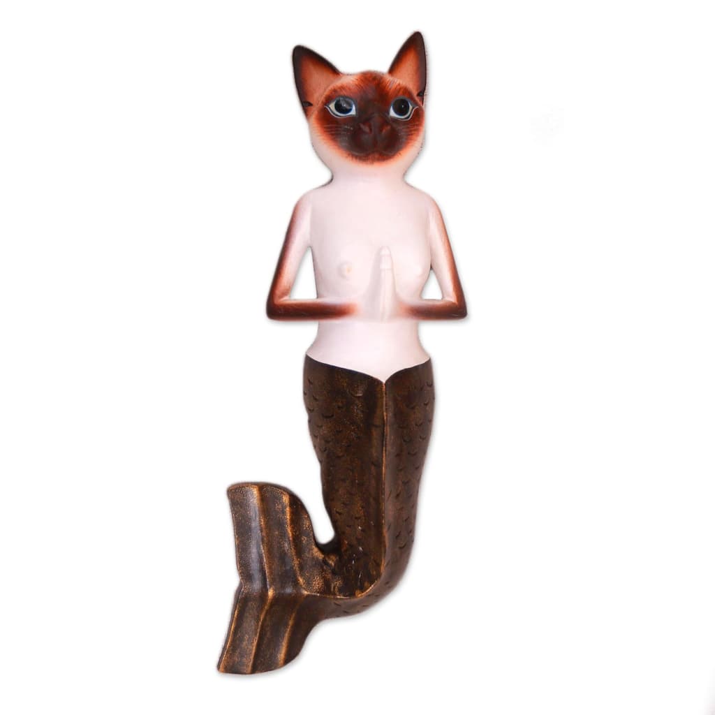 Handmade Siamese Mermaid Cat Wood wall sculpture (Indonesia)
