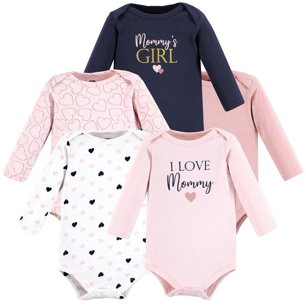 slide 1 of 1, Hudson Baby Infant Girl Cotton Long-Sleeve Bodysuits, Girl Mommy Pink Navy 5-Pack 0-3 Months - Girl Mommy Pink Navy 5-Pack