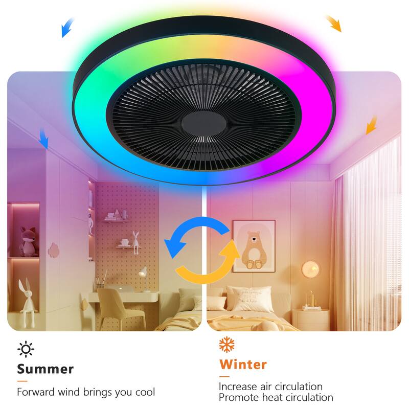 RGB Ceiling Fan Lights, Modern Flush Mount Ceiling Fan, 6-Speed Reversible DC Motor Ceiling Fan