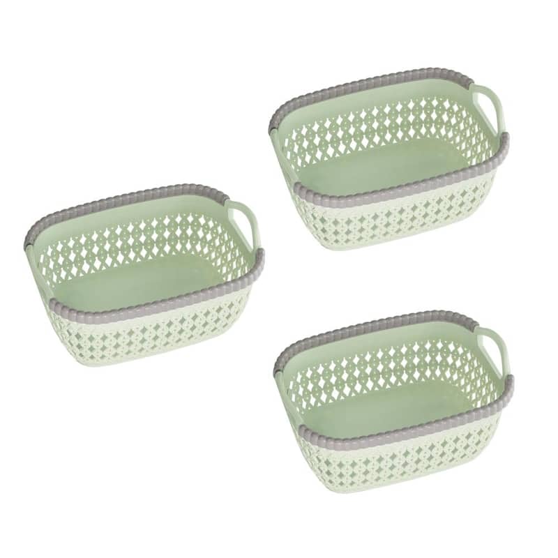 Rattan Plastic Weave Basket, Storage Bins Organizer for Closet, Shelf, Kitchen, Pantry and Bathroom - Ideal for Makeup,Cosmetics - Green - Set of 3