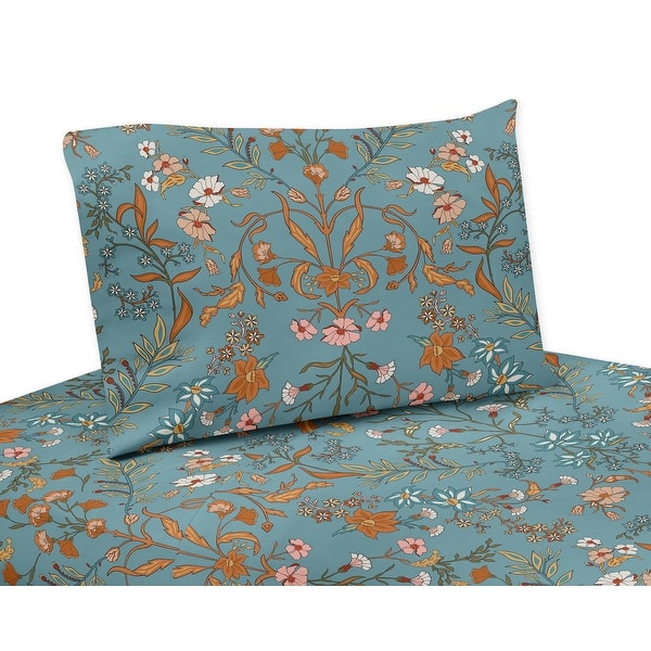 slide 2 of 5, Sweet Jojo Designs Boho Wildflower Vintage Floral Girl 4p Queen Sheet Set Turquoise Orange Bohemian Garden Farmhouse Cottagecore
