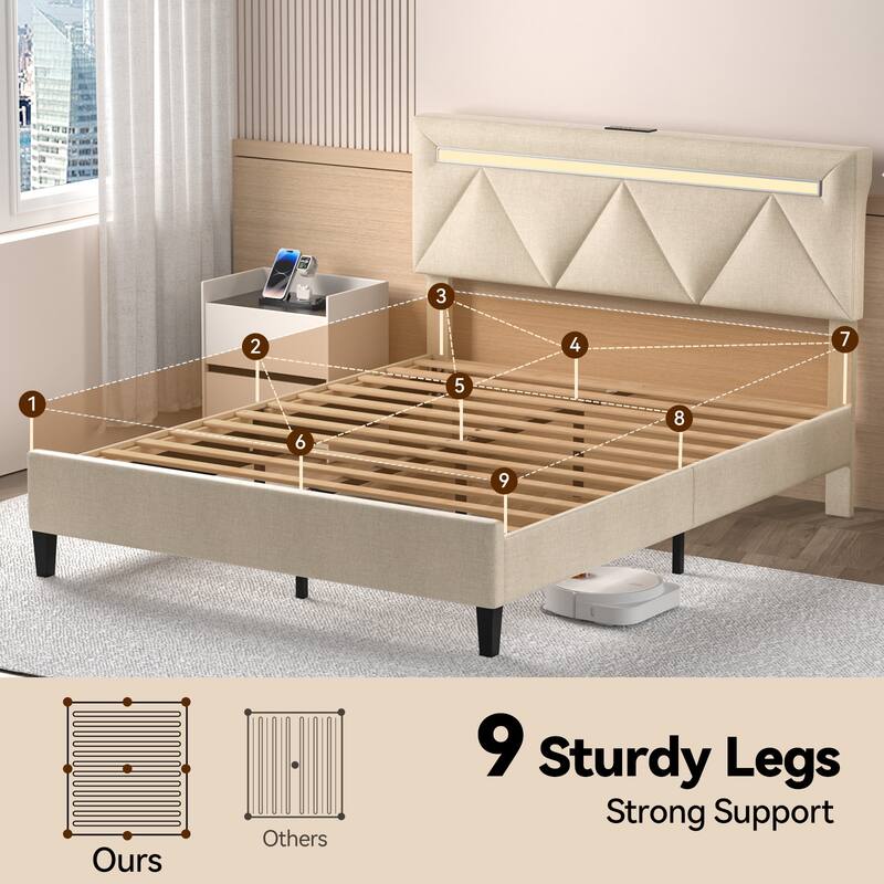 Queen Bed Frame with Headboard,Upholstered Platform Bed Frame Queen Size with Charging Station & LED Lights,Wooden Slats Support