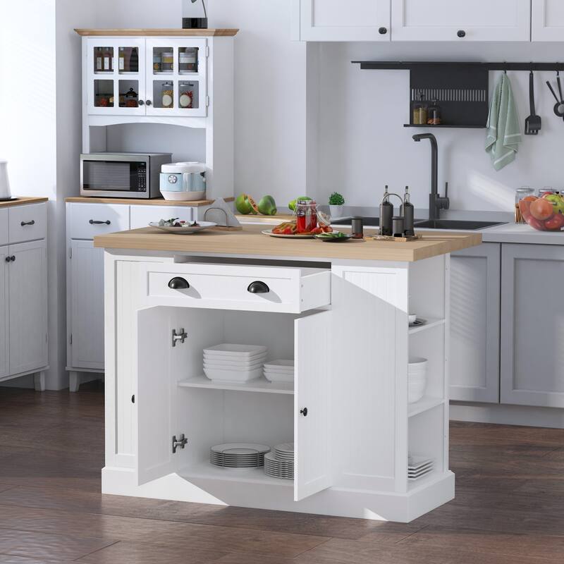 47" Fluted-Style Wooden Kitchen Island(no include stool)