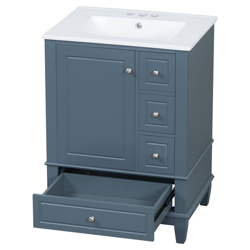 24" Bathroom Vanity With Sink And Drawers, Freestanding Vanity Cabinet With Ceramic Top And Storage Shelves, Modern Sink Cabinet