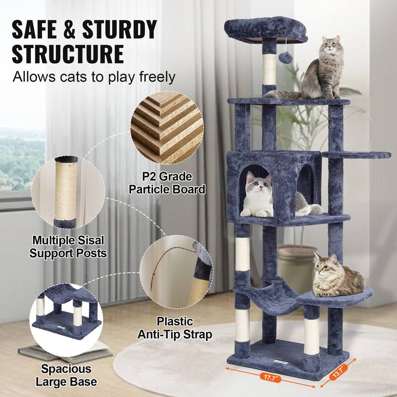 Cat Tree for Indoor Cats, 60.6" Cat Tower with Cat Condo, Sisal Scratching Post, Hammock, Top Perch, Jumping Platforms