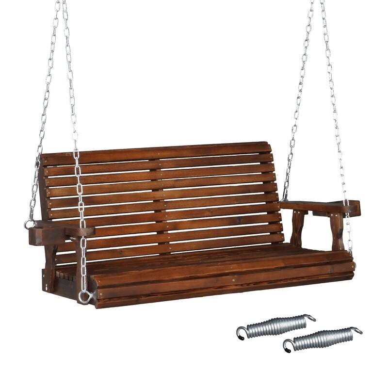 Upgraded 2-Person Wood Porch Swing with Cup Holders and Chains - N/A - Tan