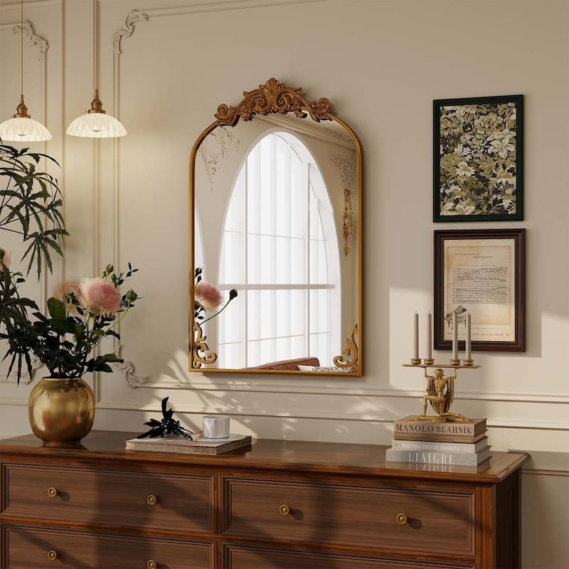 Arched Baroque Bathroom Mirror with Bottom Floral Decor