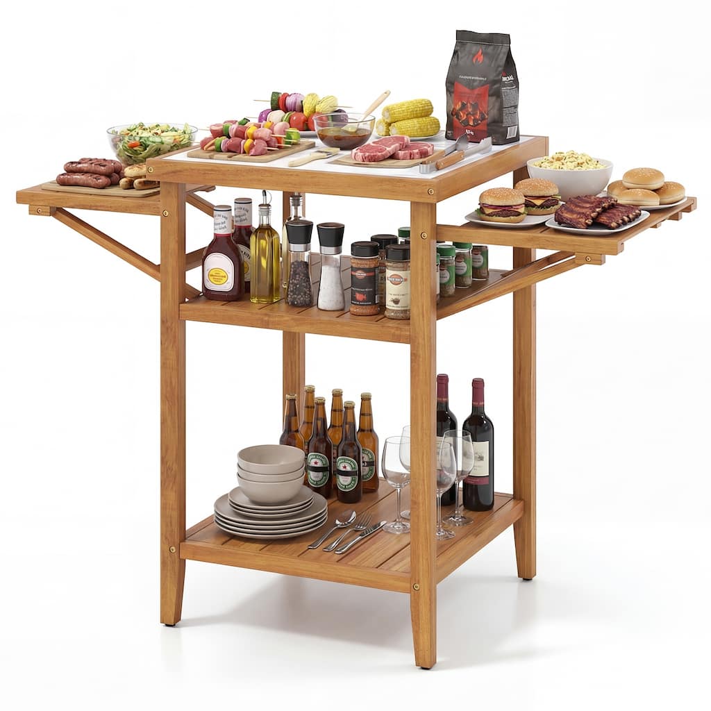 Gymax Outside Kitchen Island & BBQ Prep Table w/Faux Marble Top
