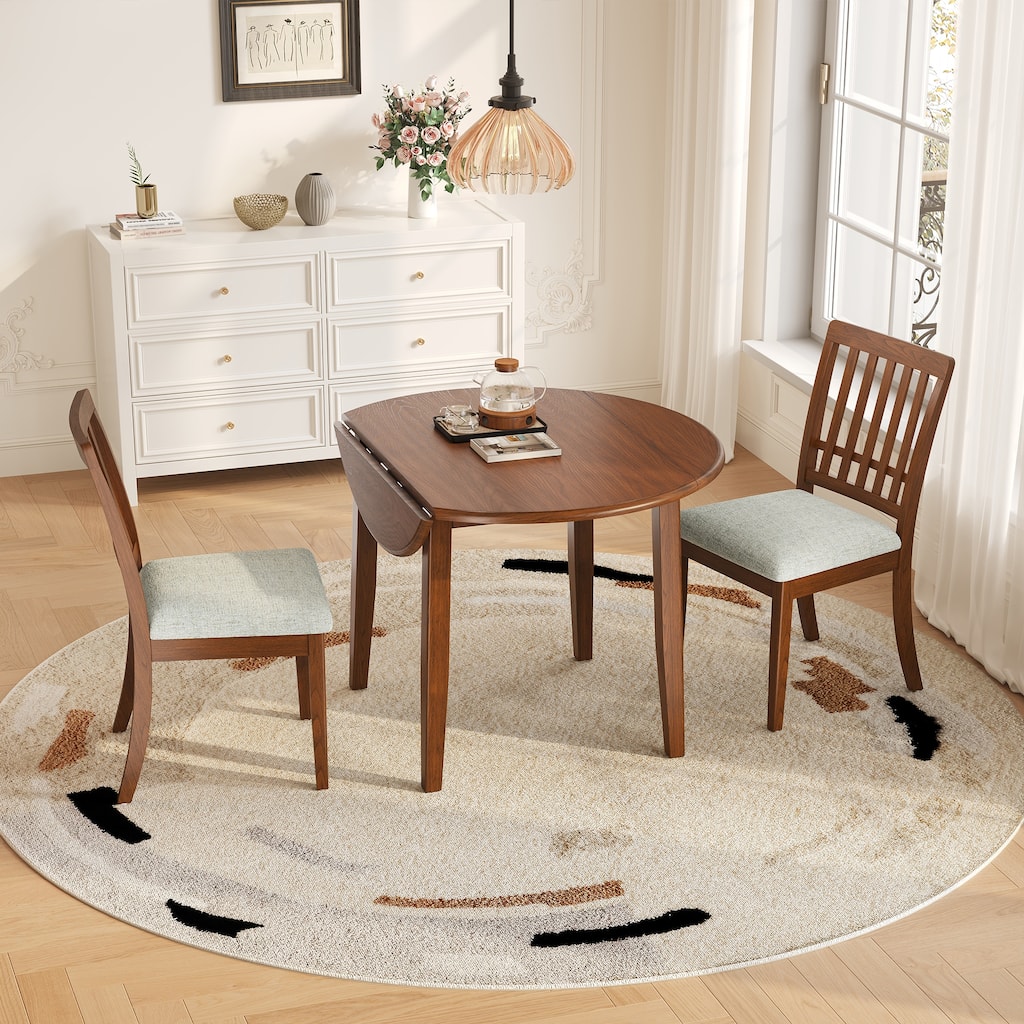 3-Piece Round Dining Table Set for 2 People, 1 Folding Wood Dining Table + 2 Upholstered Chairs, for Small Apartments