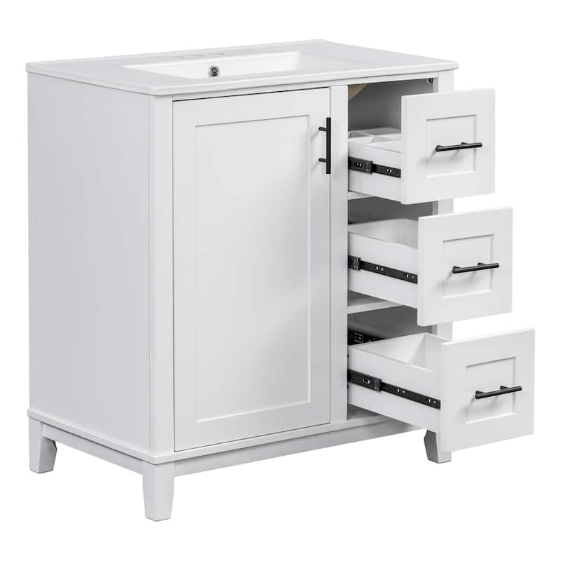 GDFStudio - Tim 30" Modern Bathroom Vanity with Ceramic Sink - Rubberwood Frame, 3 Drawers & Double-Rack Door, Soft-Close
