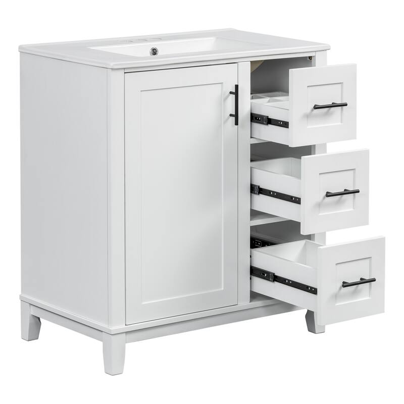 Roomfitters 36" Bathroom Vanity with Ceramic Sink, 4 Drawers, 1 Door, Adjustable Shelf, Solid Wood Frame