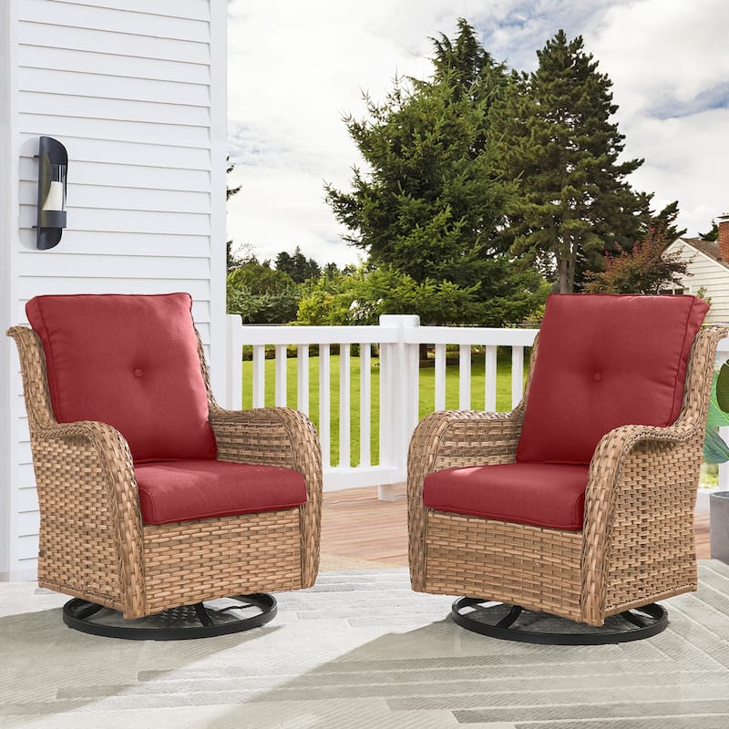 Pocassy Outdoor Wicker Glider Swivel Club Chairs (Set of 2) - Yellow/Red