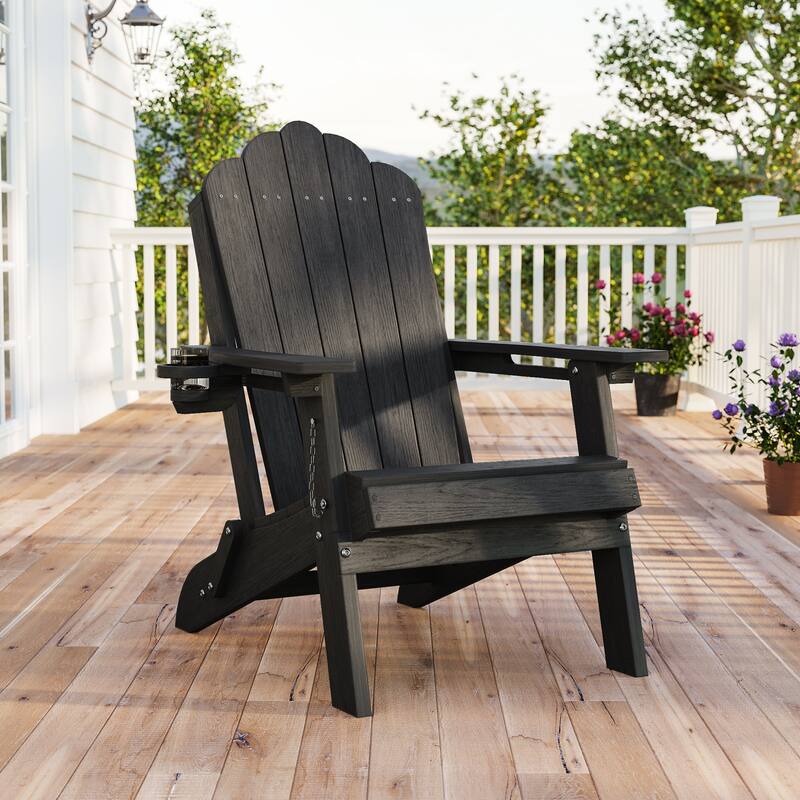Foldable HDPE Adirondack Chair All-Weather W/ Cup Holder - Black - 1-Piece