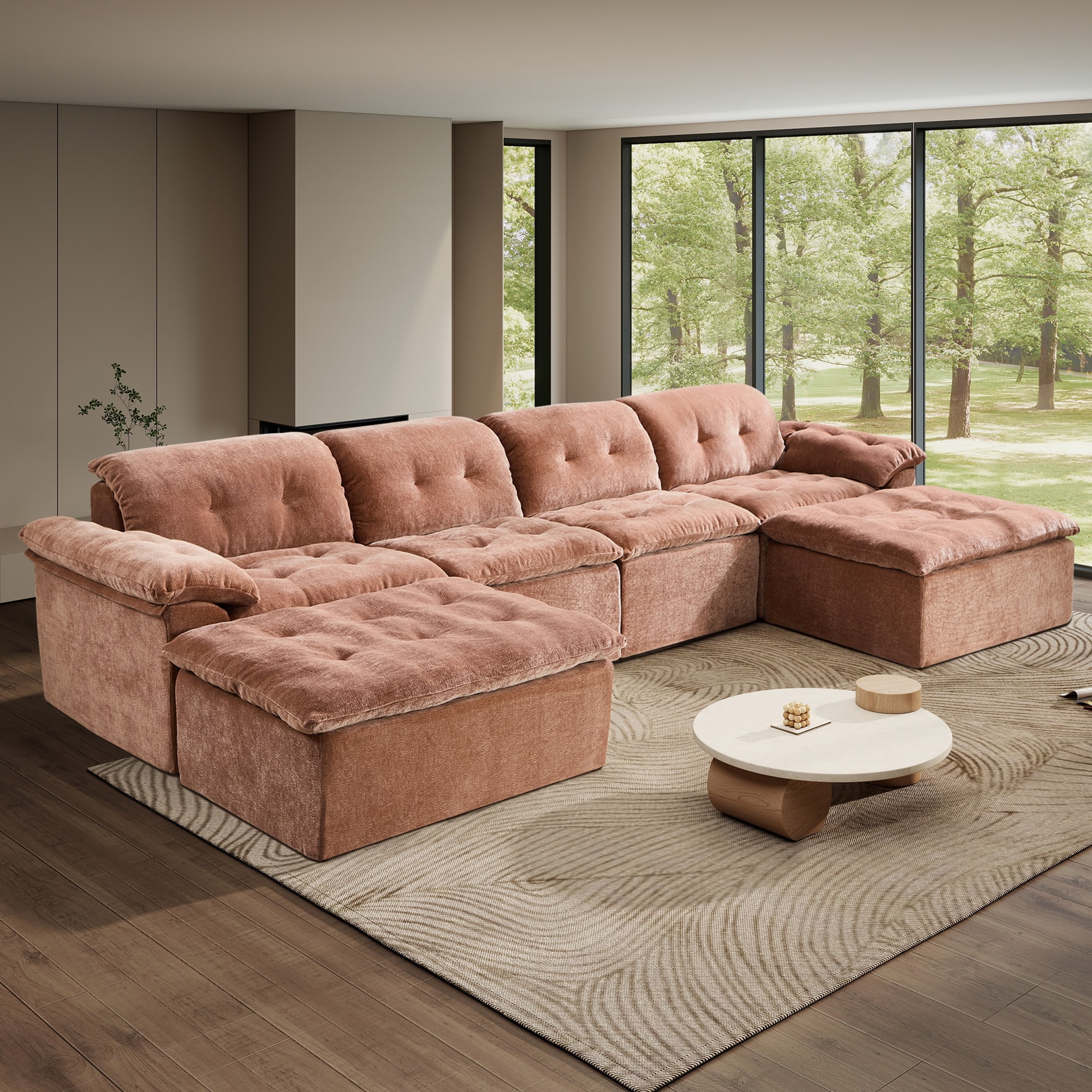 Rossetta 4-Seater Chenille Upholstery Modular Convertible Design Generous Seating Cushioned Sofa with 2 Versatile Ottomans